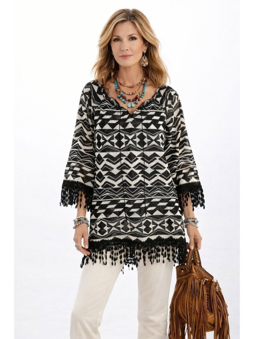 Ali Miles Black White Santa Fe Semi Sheer Knit Top Tassel Trim S Western Boho